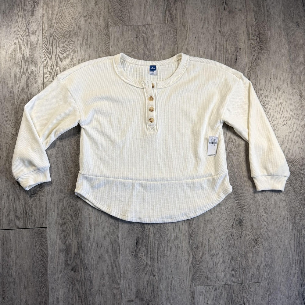 Old Navy Thermal Shirt Kids XL 14-16 White Waffle Knit Henley Long Sleeve